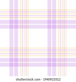 Plaid pattern texture in pastel purple, yellow, white. Seamless light tartan check plaid graphic vector for flannel shirt, skirt, tablecloth, other modern spring summer holiday fashion textile design.