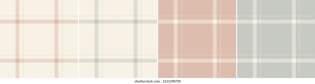 Plaid pattern texture set in soft cashmere pink, grey, beige. Seamless herringbone thin windowpane tartan vector for scarf, jacket, skirt, blanket, other modern spring summer autumn winter print.