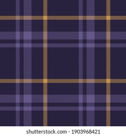 Plaid pattern textured in purple and gold yellow. Herringbone seamless dark tartan check graphic for flannel shirt, skirt, tablecloth, blanket, other modern autumn winter textile design.