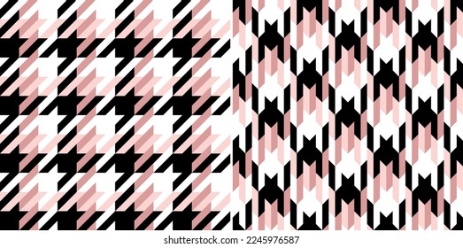 Plaid pattern tweed in powder pink, black, white for spring autumn winter. Seamless asymmetric dog tooth tartan check vector set for dress, jacket, coat, scarf, other modern fashion fabric print.