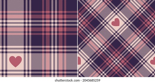 Plaid pattern for Valentines Day with cute hearts. Seamless herringbone textured large dark check plaid set in purple and pink for blanket, duvet cover, other modern fashion fabric print.