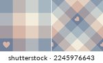 Plaid pattern for Valentines Day with love hearts in soft cashmere blue, pink, beige. Seamless tartan set for scarf, pyjamas, blanket, duvet, other modern spring summer autumn winter holiday design.