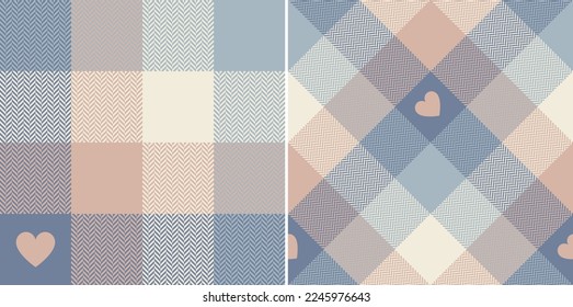 Plaid pattern for Valentines Day with love hearts in soft cashmere blue, pink, beige. Seamless tartan set for scarf, pyjamas, blanket, duvet, other modern spring summer autumn winter holiday design.