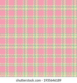 Plaid pattern vector background in pink, green, yellow. Modern seamless pixel texture herringbone. Colored Scottish cage. Vector graphics printing on fabrics, shirts and textiles.