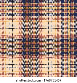 Plaid Pattern Vector In Blue, Brown, Yellow, Beige. Seamless Herringbone Tweed Check Plaid For Dress, Skirt, Bag, Or Other Modern Tweed Fashion Textile Design.