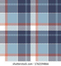 Plaid pattern vector in blue, orange, white. Seamless herringbone textured plaid graphic for flannel shirt, skirt, tablecloth, or other modern fashion textile print.