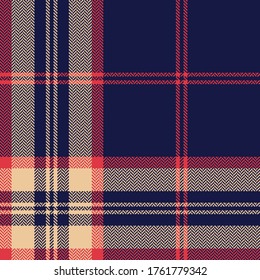 Plaid pattern vector in blue, red, beige. Herringbone seamless tartan check plaid for flannel shirt, skirt, blanket, throw, duvet cover, tablecloth, or other autumn winter fabric design.