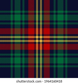 Plaid pattern vector for Christmas holiday design. Seamless large herringbone tartan check graphic in red, green, yellow, navy blue for blanket, duvet cover, other modern winter festive fashion print.