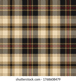 Plaid pattern vector in gold, black, red. Dark multicolored decorative check plaid for skirt, bag, interior design, or other modern autumn winter textile print. Herringbone texture.