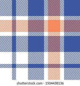 Plaid pattern vector graphic. Seamless bright herringbone pixel tartan check plaid background in blue, soft orange, and white for flannel shirt, blanket, or other modern summer textile design.