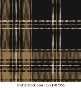 Plaid pattern vector. Herringbone black and gold textured tartan check plaid for flannel shirt, skirt, duvet cover, throw, or other modern autumn winter textile print.