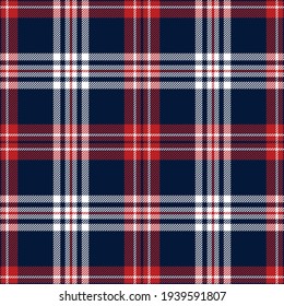 Plaid pattern vector in navy blue, red, white. Seamless textured tartan check dark background graphic for flannel shirt, throw, blanket, other modern spring autumn winter fashion textile design.