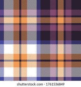 Plaid pattern vector in purple, orange, pink, white. Seamless multicolored herringbone check plaid for duvet cover, blanket, throw, carpet, rug, or other autumn winter textile print.