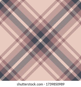 Plaid pattern vector. Seamless diagonal tartan check plaid in grey and pink for flannel shirt or other modern textile print. Herringbone texture.