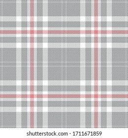 Plaid pattern vector. Seamless glen hounds tooth tartan check plaid in grey, red, and white for jacket, coat, skirt, or other modern fashion tweed textile print.
