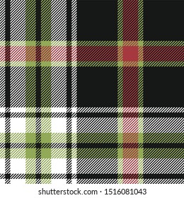 Plaid pattern vector. Seamless multicolored tartan check plaid herringbone texture in nearly black, soft red, green, and white for flannel shirt, scarf, blanket, and other modern fabric design.