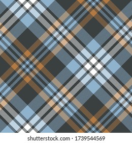 Plaid pattern vector. Seamless multicolored diagonal tartan check plaid in dark brown, light blue, orange, and white for flannel shirt, scarf, blanket, and other modern fabric design.