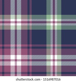 Plaid pattern. Vector tartan check plaid background texture in dark blue, green, pink, and white for flannel shirt, scarf, blanket, throw, poncho, or other modern textile print.