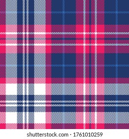 Plaid Pattern Vector For Womenswear Flannel Shirt Design. Seamless Herringbone Tartan Check Plaid In Blue, Hot Pink, And White For Modern Spring, Summer, Autumn Textile Print.