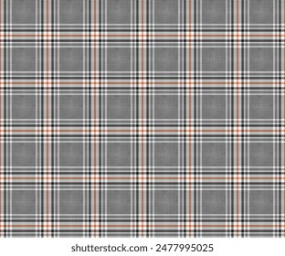 Plaid pattern, white, black, orange, seamless for textiles, and for designing clothing, skirts, pants or decorative fabric. Vector illustration.