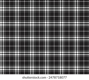 Plaid pattern, white, black, seamless for textiles, and for designing clothing, skirts, pants or decorative fabric, aprons, tablecloths. Vector illustration.