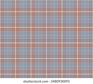 Plaid pattern, white, blue, orange, seamless for textiles, and for designing clothing, skirts, pants or decorative fabric. Vector illustration.