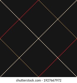 Plaid pattern windowpane stitched dark graphic. Seamless spacious black, gold brown, red, beige background graphic for skirt, throw, other modern everyday autumn winter fashion fabric design.