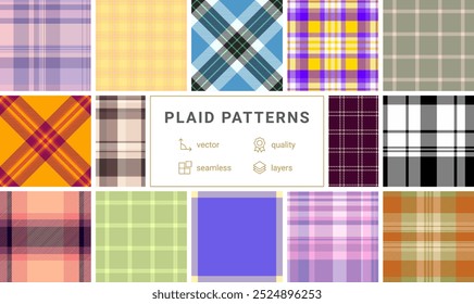 Plaid patterns in classic checks and geometric designs, perfect for textile, clothing, or wallpaper with a celtic influence.