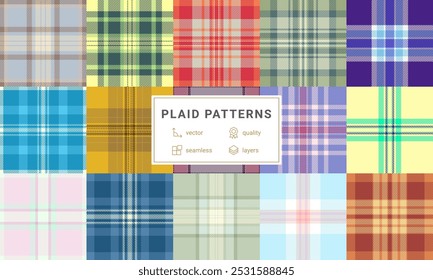 Plaid patterns in classic checks and geometric designs, perfect for textile, clothing, or wallpaper with a celtic influence.