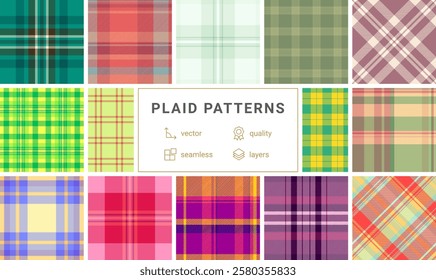 Plaid patterns in classic checks and geometric designs, perfect for textile, clothing, or wallpaper with a celtic influence.