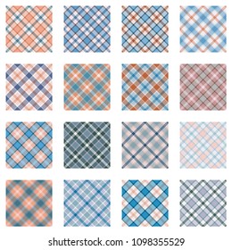 Plaid patterns collection, 16 seamless tartan patterns, light blue and red shades