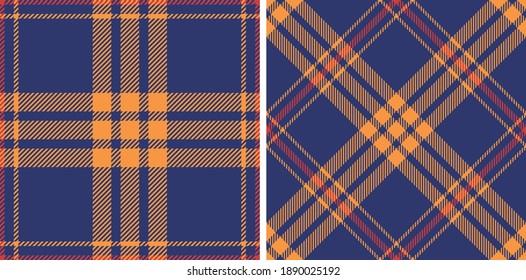 Plaid patterns in red, orange, blue. Seamless checked backgrounds set for flannel shirt, skirt, gift wrapping, or other modern auutmn winter fashion textile print.