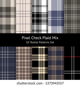Plaid patterns vector set. Seamless pixel check plaid in beige, brown, blue, black, red, white for fashion textile design. Set of 10 patterns. Swatches included.