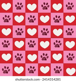 Plaid pink red heart pattern paw print