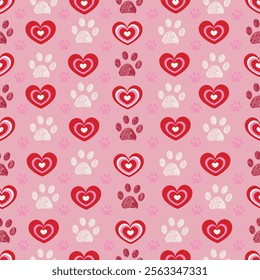 Plaid pink red heart pattern with paw print