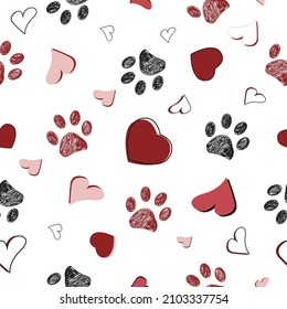 
Plaid pink red hearts and doodle cute paw prints. Seamless fabric pattern