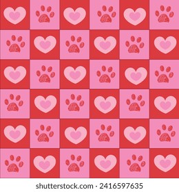Plaid pink and red hearts pattern with paw prints II