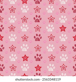 Plaid pink stars pattern with paw print