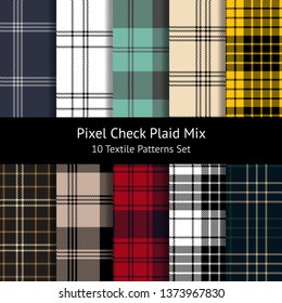 Plaid pixel pattern set. Seamless tartan check plaid patterns for textile print in black, white, green, yellow, red, blue, grey, and beige. Swatches included.