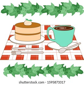 
Plaid place mat and pancake and coffee set / ivy line decoration