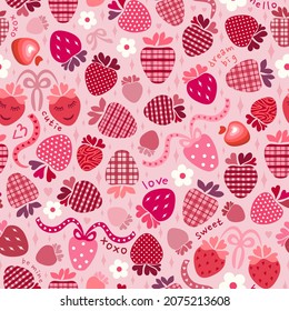 Plaid and polka dots strawberries, classic pink and red hearts, flowers, ribbons. Text: love, xoxo, be mine, dream big, sweet, cutie, hello. Valentine’s Day romantic holiday design, #lovecore trend.