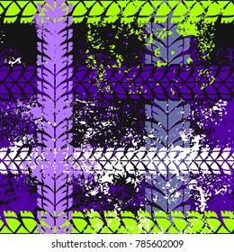 Plaid race grunge seamless pattern with crossing tire tracks in black and neon colors. Abstract chaotic driving background for boys. Vector
