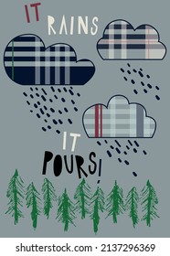 Plaid rain clouds. Can be used for baby t-shirt print, fashion print design, kids wear, baby shower, celebration, greeting and invitation.