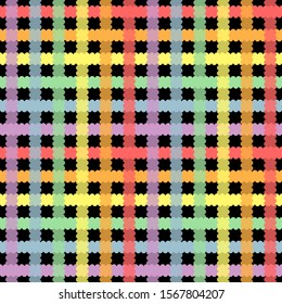 Plaid rainbow repeat pattern on black background. Great for wallpaper, web background, wrapping paper, fabric, packaging, greeting cards, invitations and more.