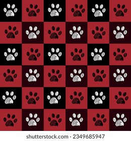 Plaid red and black pattern Christmas design with paw prints seamless fabric design pattern