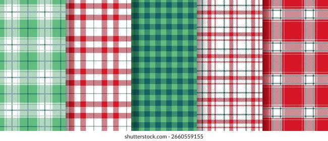 Fundo verde vermelho reproduzido. Padrão sem emenda xadrez. Telas de gingham de Natal. Definir impressões de tecido de tartan. Vichy cheque têxtil. Texturas da camisa de flanela. Toalha de mesa Lumberjack. Ilustração vetorial