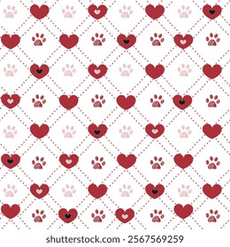 Plaid red hearts with cute paw prints. Seamless fabric design pattern