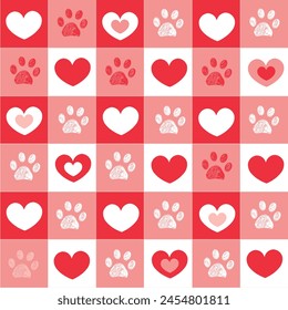 Plaid red and white hearts and paws pattern