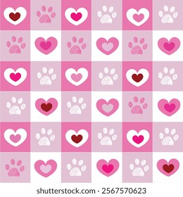 Plaid red and white hearts and paws Valentine'd Day design pattern
