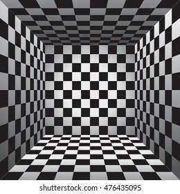 Plaid room, black and white cell, 3d chess board, vector design background